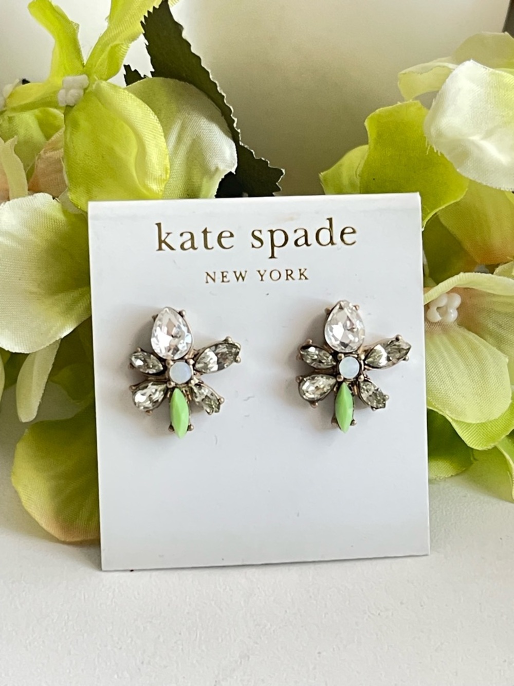 kate spade Green & Clear Crystal Flower Stud Earrings